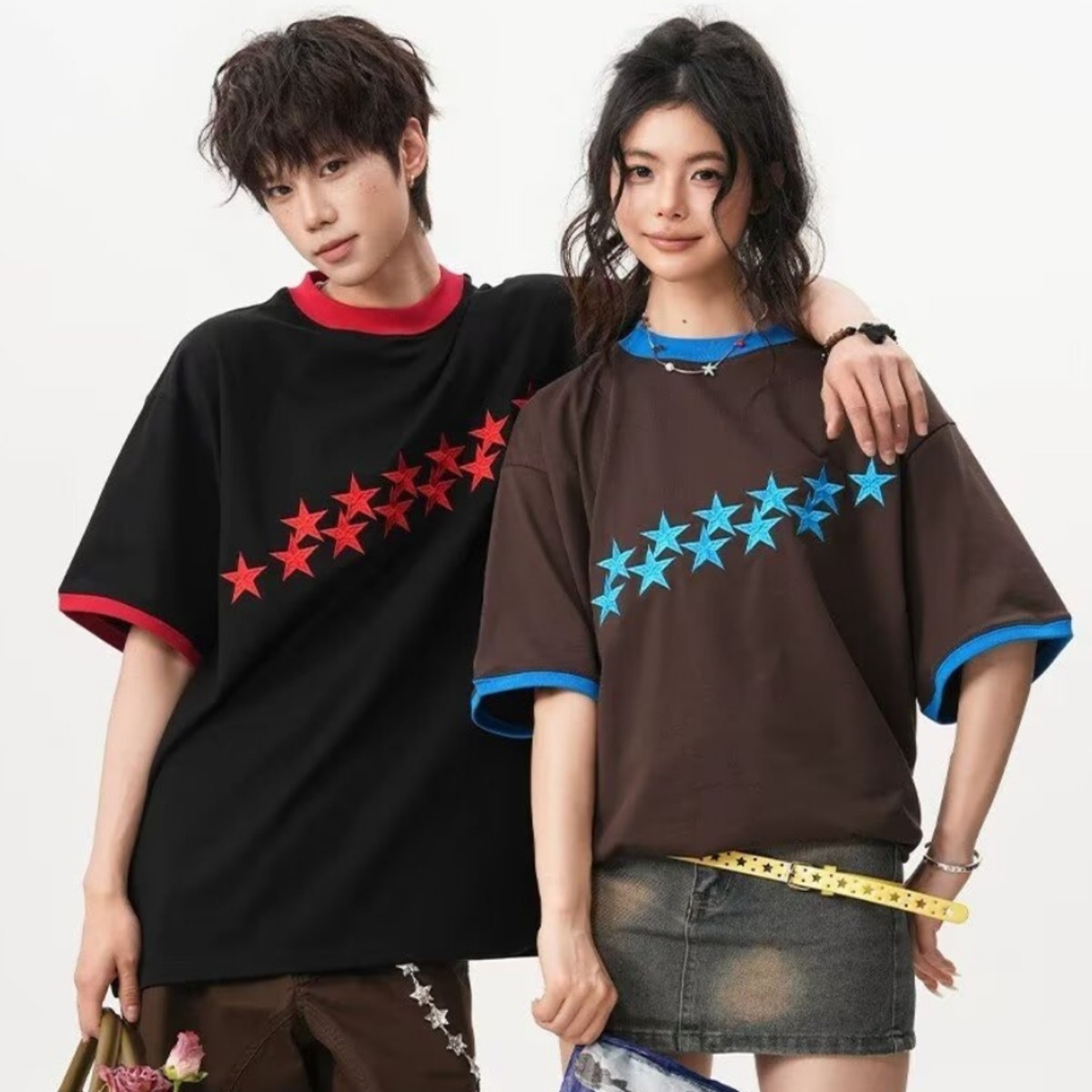 カップルペアルック シューティングスター 配色Tシャツ